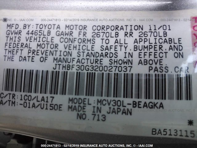 JTHBF30G320027037 - 2002 LEXUS ES 300 SILVER photo 9