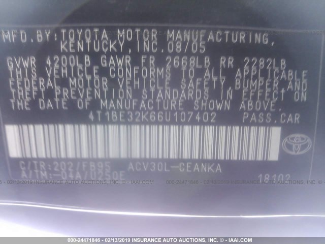 4T1BE32K66U107402 - 2006 TOYOTA CAMRY LE/XLE/SE BLACK photo 9