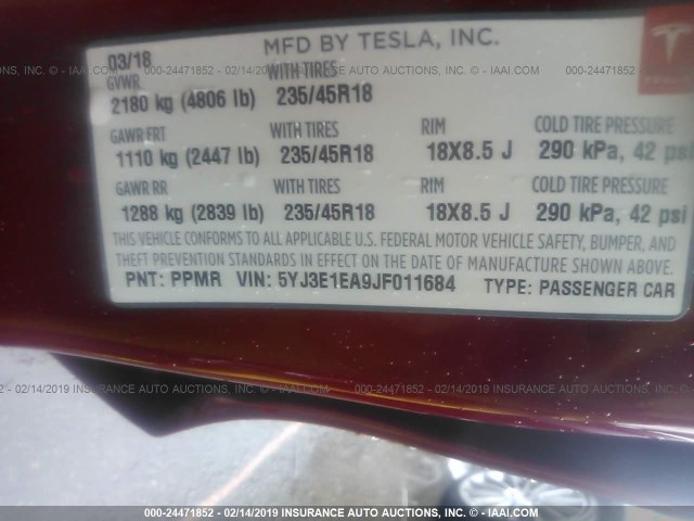 5YJ3E1EA9JF011684 - 2018 TESLA MODEL 3 RED photo 9