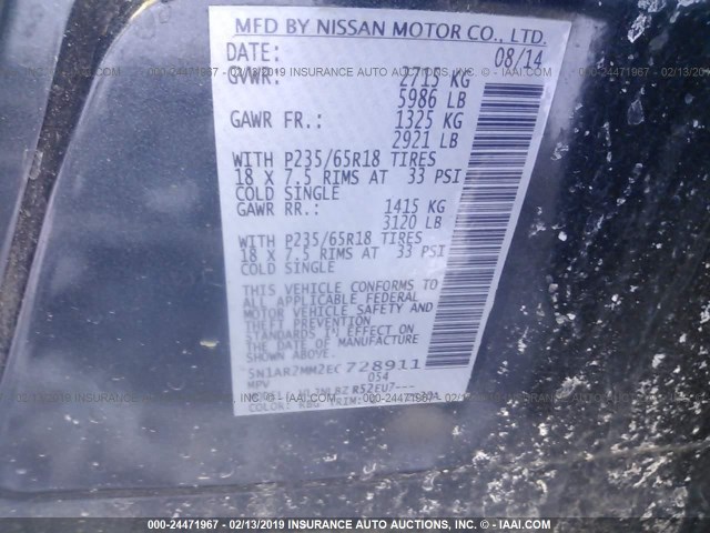 5N1AR2MM2EC728911 - 2014 NISSAN PATHFINDER S/SV/SL/PLATINUM GRAY photo 9