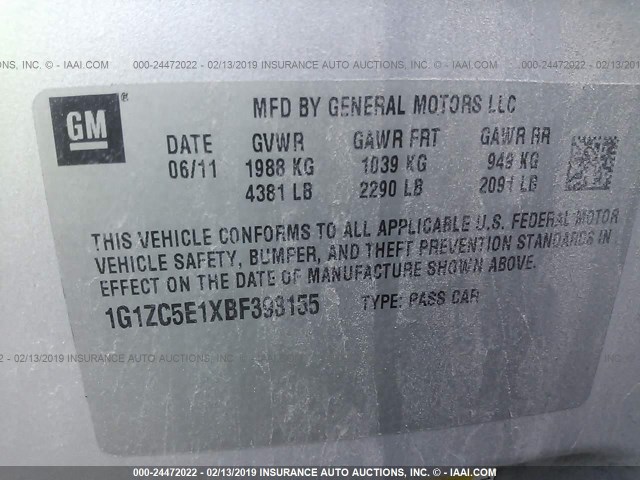 1G1ZC5E1XBF393155 - 2011 CHEVROLET MALIBU 1LT ვერცხლისფერი ფოტო 9