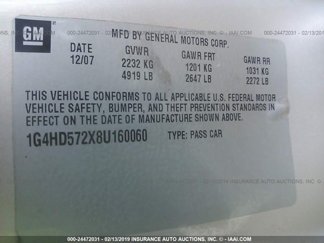 1G4HD572X8U160060 - 2008 BUICK LUCERNE CXL TAN photo 9