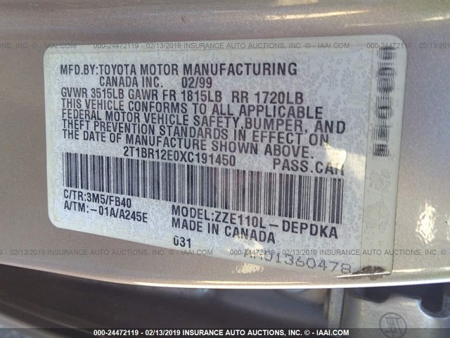 2T1BR12E0XC191450 - 1999 TOYOTA COROLLA VE/CE/LE Золотий фото 9