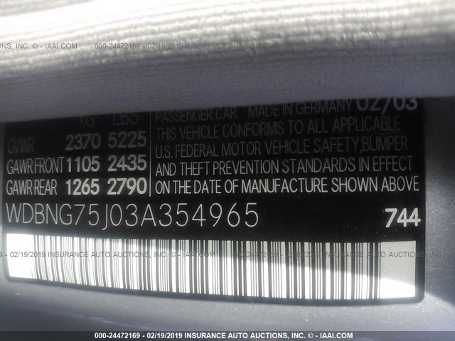 WDBNG75J03A354965 - 2003 MERCEDES-BENZ S 500 SILVER photo 9