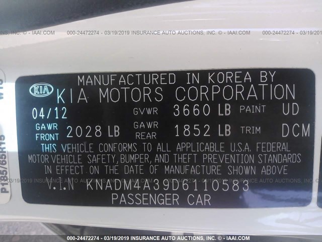 KNADM4A39D6110583 - 2013 KIA RIO LX WHITE photo 9