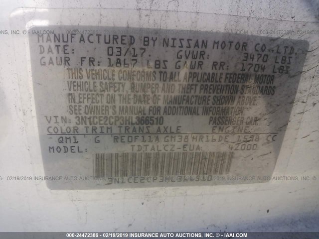 3N1CE2CP3HL366510 - 2017 NISSAN VERSA NOTE S/S PLUS/SV/SL/SR WHITE photo 9