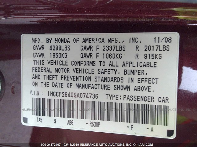 1HGCP26409A074736 - 2009 HONDA ACCORD LXP BURGUNDY photo 9