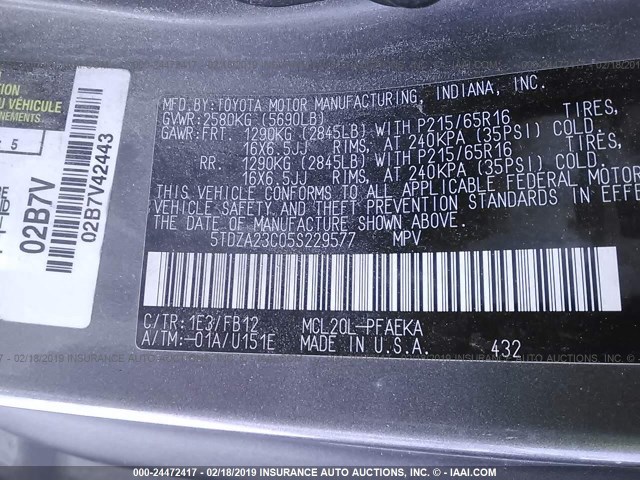 5TDZA23C05S229577 - 2005 TOYOTA SIENNA CE/LE GRAY photo 9