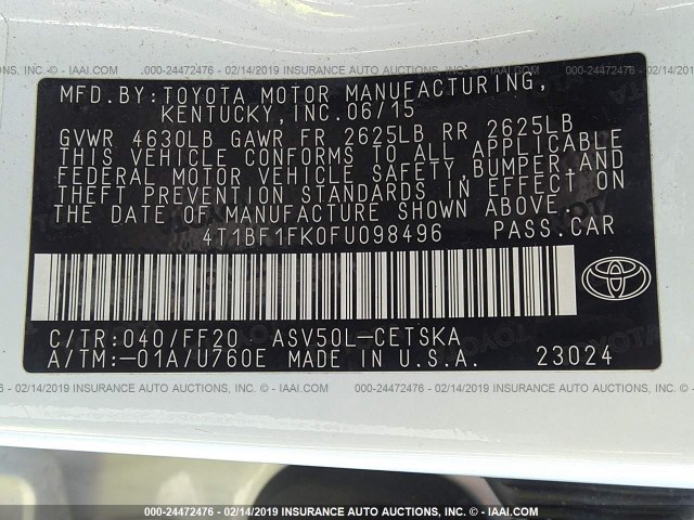 4T1BF1FK0FU098496 - 2015 TOYOTA CAMRY LE/XLE/SE/XSE WHITE photo 9