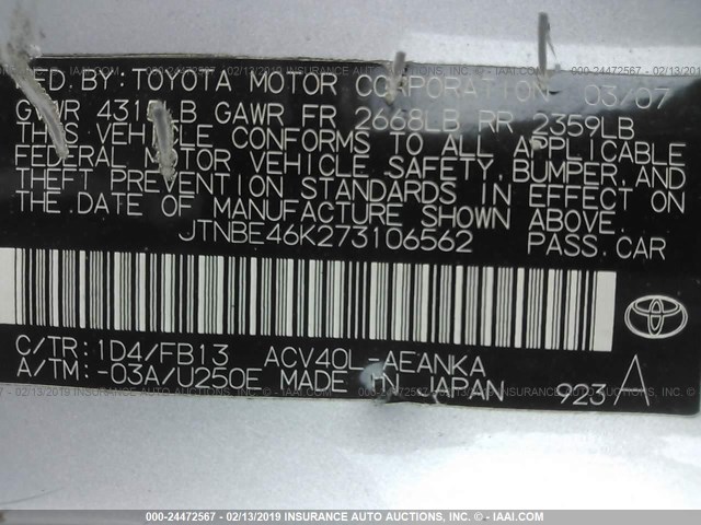 JTNBE46K273106562 - 2007 TOYOTA CAMRY NEW GENERAT CE/LE/XLE/SE SILVER photo 9