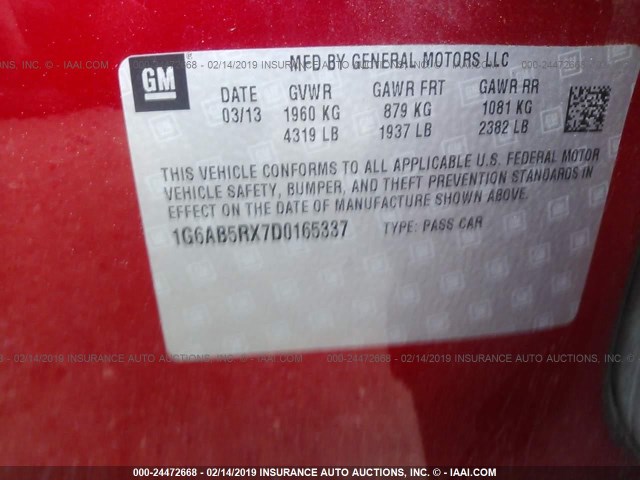 1G6AB5RX7D0165337 - 2013 CADILLAC ATS LUXURY RED photo 9
