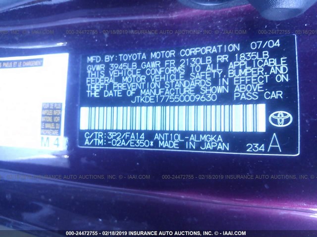 JTKDE177550009630 - 2005 TOYOTA SCION TC იასამნისფერი ფოტო 9