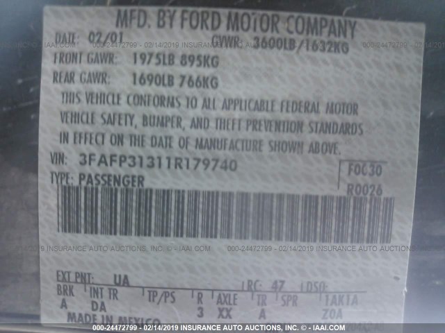 3FAFP31311R179740 - 2001 FORD FOCUS ZX3 BLACK photo 9