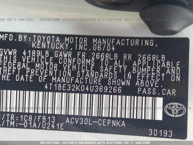 4T1BE32K04U369266 - 2004 TOYOTA CAMRY LE/XLE/SE SILVER photo 9