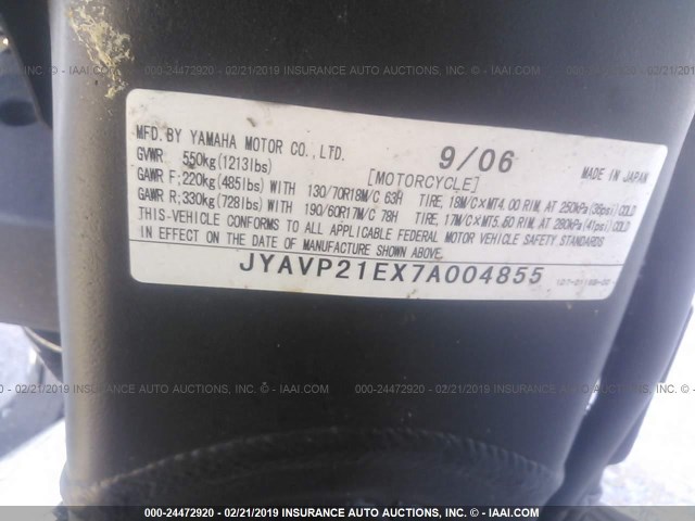 JYAVP21EX7A004855 - 2007 YAMAHA XV1900 A BLACK photo 10