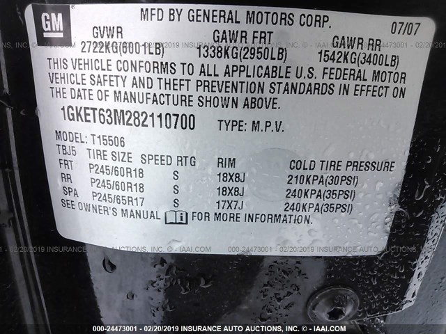 1GKET63M282110700 - 2008 GMC ENVOY DENALI BLACK photo 9