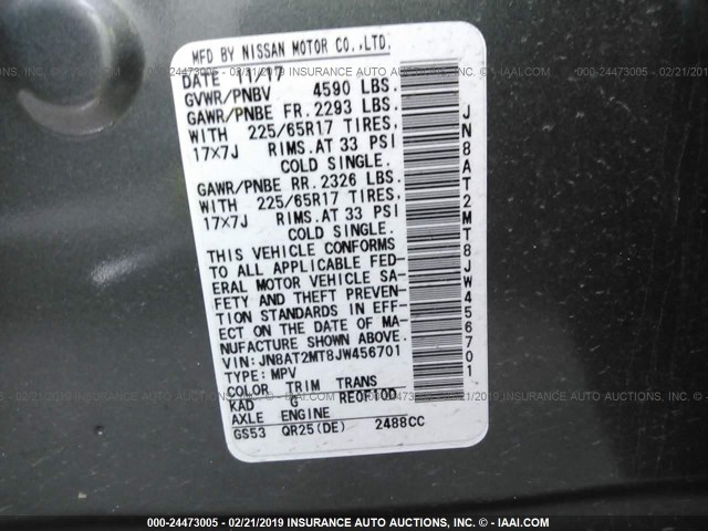 JN8AT2MT8JW456701 - 2018 NISSAN ROGUE S/SL/SV GRAY photo 9