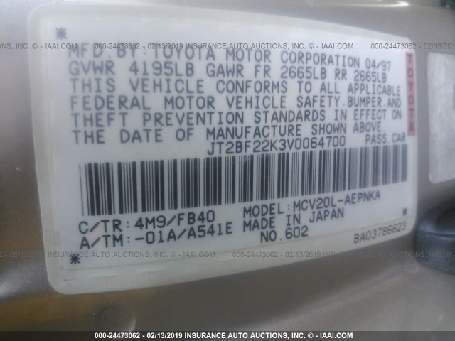 JT2BF22K3V0064700 - 1997 TOYOTA CAMRY LE/XLE Алтын фото 9