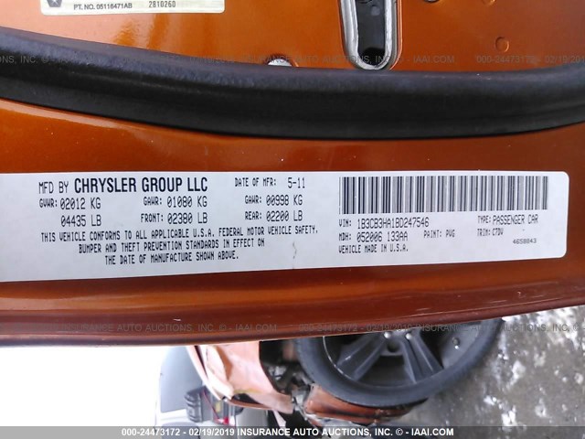 1B3CB3HA1BD247546 - 2011 DODGE CALIBER MAINSTREET ORANGE photo 9