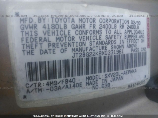 JT2BG22K8X0331961 - 1999 TOYOTA CAMRY LE/XLE TAN photo 9