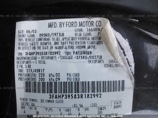 3FAHP39583R182992 - 2003 FORD FOCUS BLACK photo 9