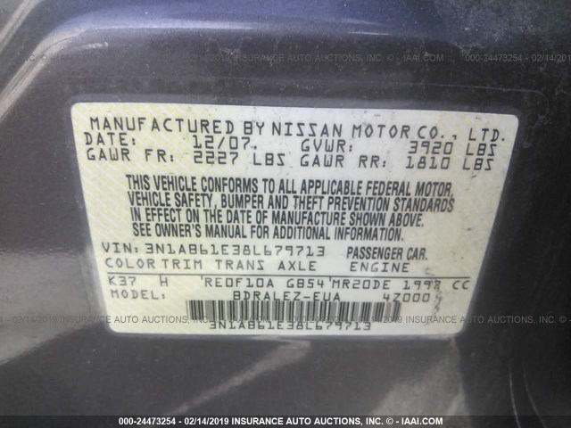 3N1AB61E38L679713 - 2008 NISSAN SENTRA 2.0/2.0S/2.0SL GRAY photo 9