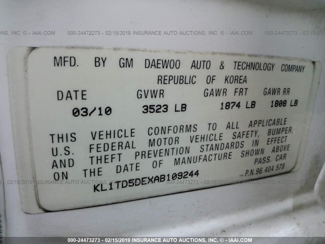 KL1TD5DEXAB109244 - 2010 CHEVROLET AVEO LS/LT WHITE photo 9