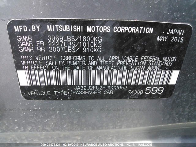 JA32U2FU2FU022052 - 2015 MITSUBISHI LANCER ES GRAY photo 9