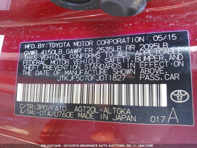 JTKJF5C70FJ011827 - 2015 TOYOTA SCION TC RED photo 9
