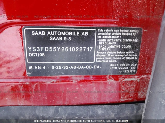 YS3FD55Y261022717 - 2006 SAAB 9-3 RED photo 9