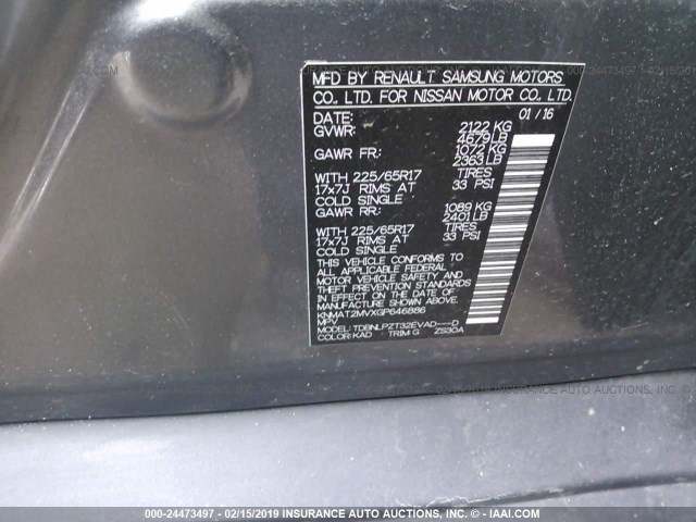 KNMAT2MVXGP646886 - 2016 NISSAN ROGUE S/SL/SV GRAY photo 9