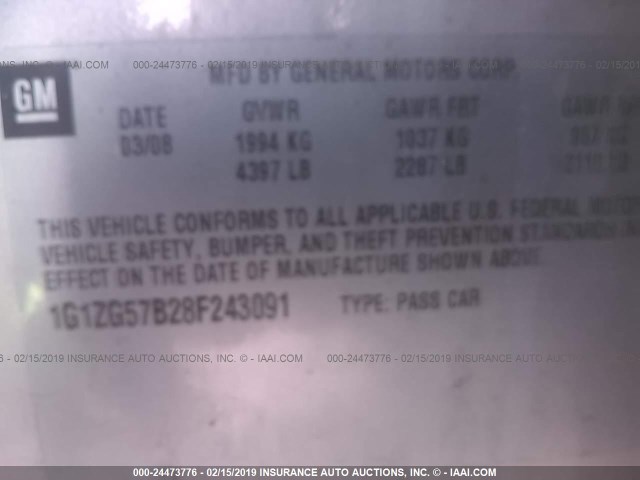1G1ZG57B28F243091 - 2008 CHEVROLET MALIBU LS SILVER photo 9