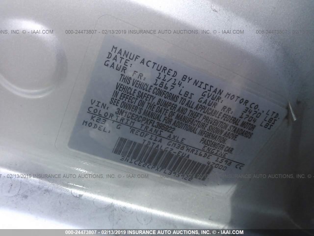 3N1CE2CPXFL395922 - 2015 NISSAN VERSA NOTE S/S PLUS/SV/SL/SR SILVER photo 9