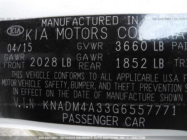 KNADM4A33G6557771 - 2016 KIA RIO LX WHITE photo 9