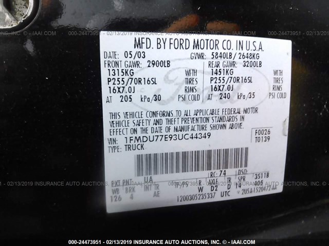 1FMDU77E93UC44349 - 2003 FORD EXPLORER SPORT TR  BLACK photo 9