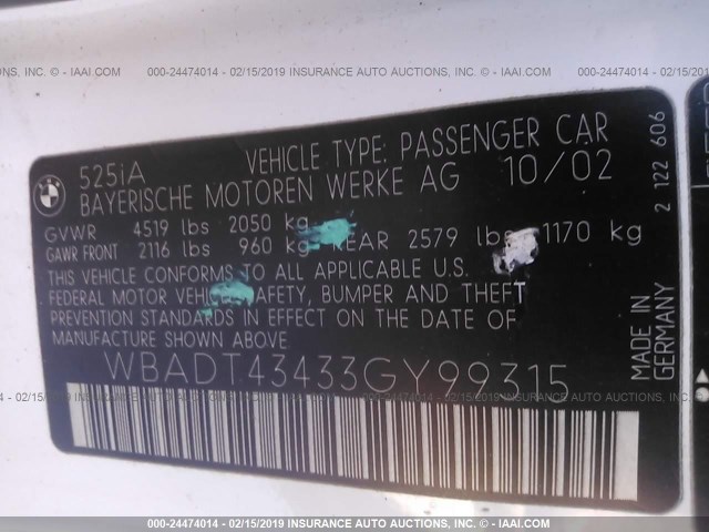 WBADT43433GY99315 - 2003 BMW 525 I AUTOMATIC WHITE photo 9