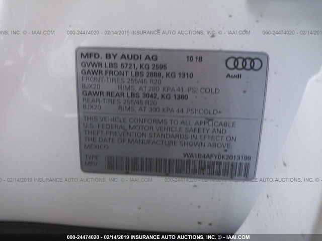 WA1B4AFY0K2013199 - 2019 AUDI SQ5 WHITE photo 9