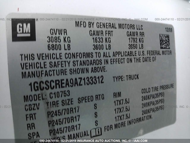 1GCSCREA9AZ133312 - 2010 CHEVROLET SILVERADO C1500  LS WHITE photo 9