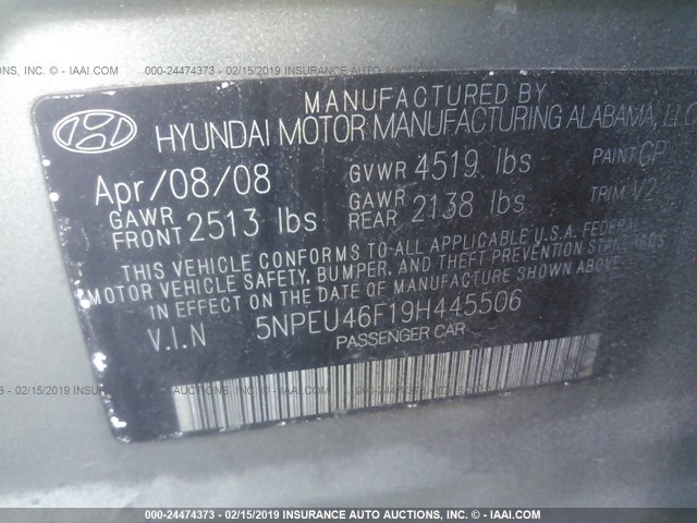 5NPEU46F19H445506 - 2009 HYUNDAI SONATA SE/LIMITED GREEN photo 9