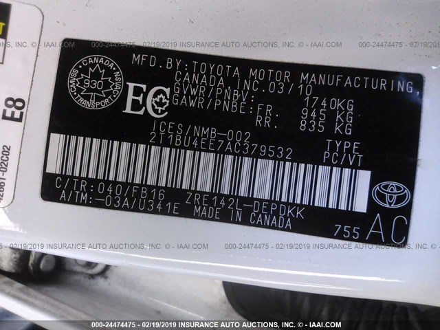 2T1BU4EE7AC379532 - 2010 TOYOTA COROLLA S/LE/XLE WHITE photo 9