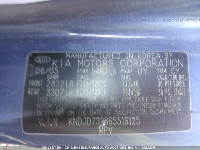 KNDJD733865516125 - 2006 KIA SORENTO EX/LX BLUE photo 9