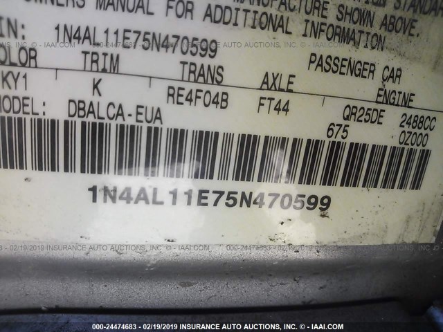 1N4AL11E75N470599 - 2005 NISSAN ALTIMA S/SL SILVER photo 9