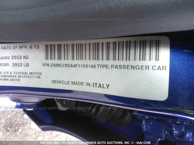 ZAM57XSA4F1159148 - 2015 MASERATI GHIBLI BLUE photo 9