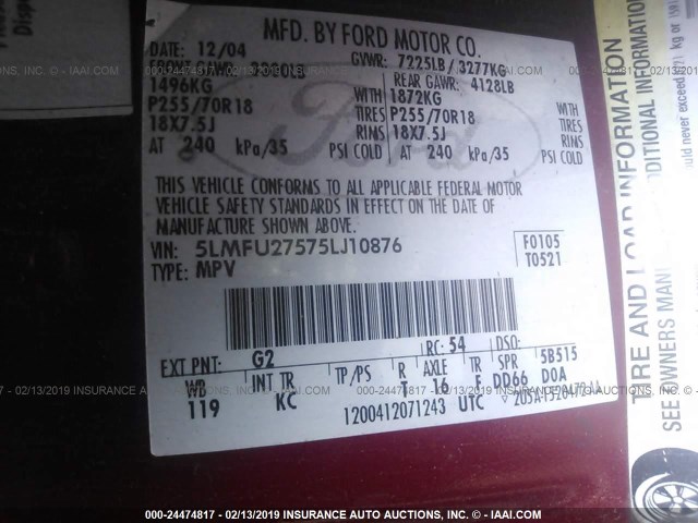 5LMFU27575LJ10876 - 2005 LINCOLN NAVIGATOR Bordeaux photo 9