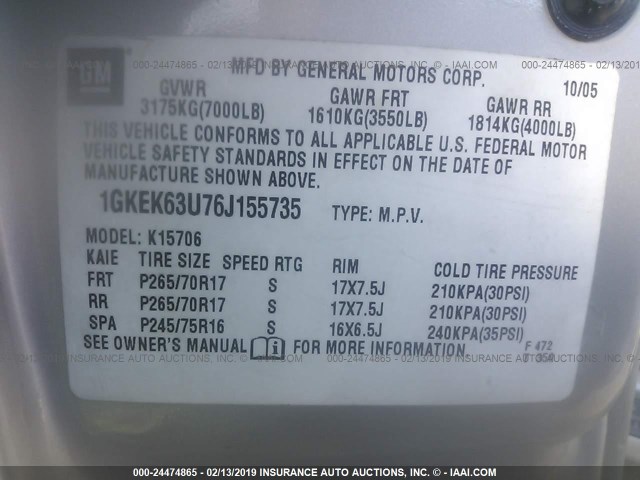 1GKEK63U76J155735 - 2006 GMC YUKON SILVER photo 9