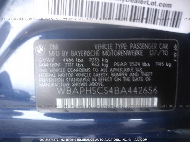WBAPH5C54BA442656 - 2011 BMW 328 I SULEV BLUE photo 9