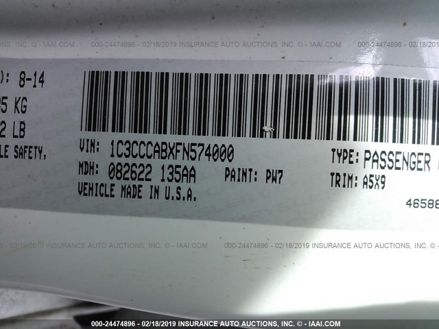 1C3CCCABXFN574000 - 2015 CHRYSLER 200 LIMITED WHITE photo 9