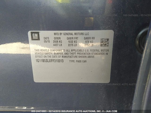 1G11B5SLXFF310013 - 2015 CHEVROLET MALIBU LS BLUE photo 9