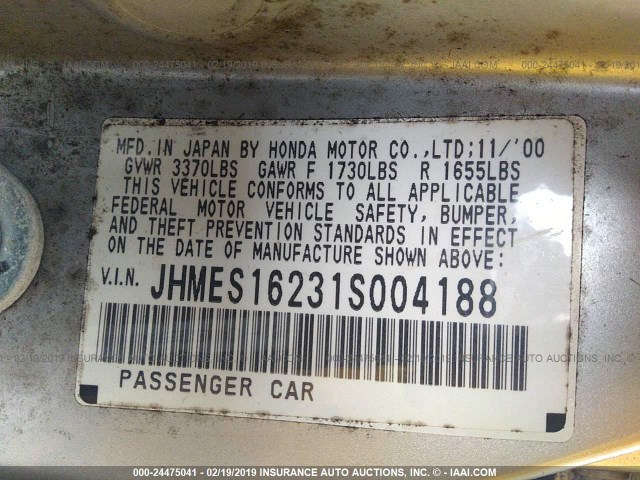 JHMES16231S004188 - 2001 HONDA CIVIC DX SILVER photo 9