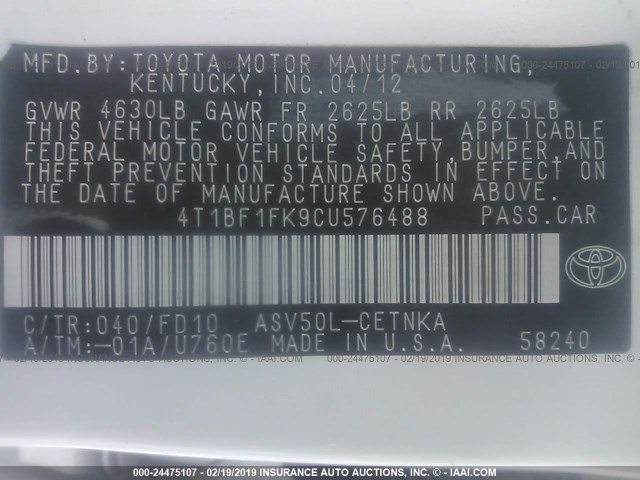 4T1BF1FK9CU576488 - 2012 TOYOTA CAMRY SE/LE/XLE 白色 照片 9